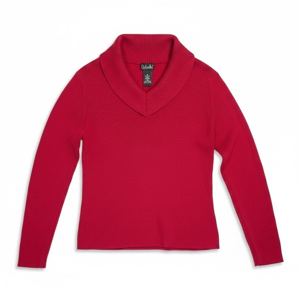 Rafaella Ribbed Knit Sweater Medium Red Shawl Neck Cotton Long Sleeve